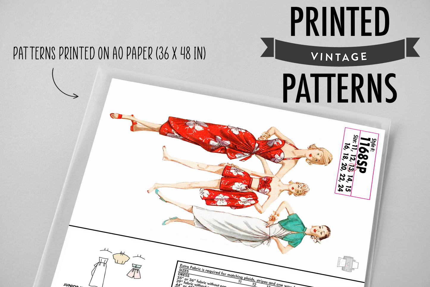 1168SP - Sarong Dress, Bra & Shorts - Vintage Sewing Pattern - 1950s - *REPRODUCTION* - Available sizes: 11, 12, 13, 14, 15, 16, 18, 20, 22, 24
