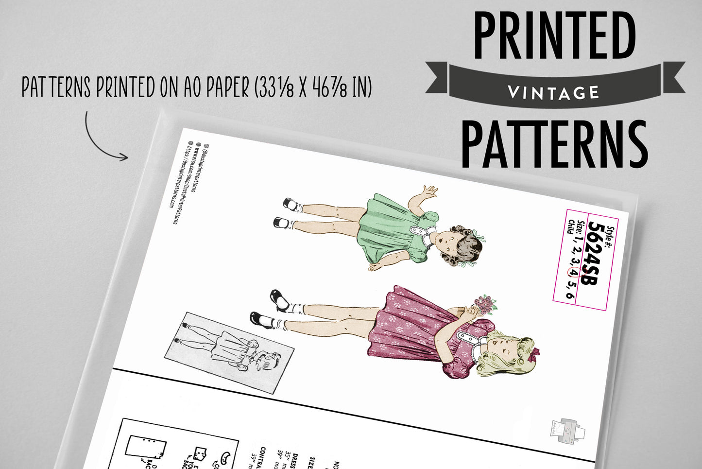 5624DB - Girls Summer Dress with puffy sleeves - Vintage Sewing Pattern - 1940s - Toddler Child Kids - *REPRODUCTION* - Available sizes: 1, 2, 3, 4, 5, 6