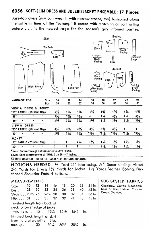 6056BP - Adult Slim Dress & Bolero Jacket Ensemble - Vintage Sewing Pattern - 1950s - *REPRODUCTION* - Available sizes: 10, 12, 14, 16, 18, 20, 22, 24