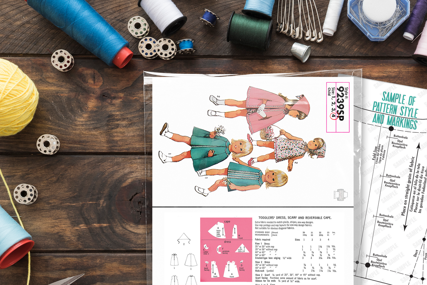 9239SP - Girls Summer Dress, Cape, & Scarf - Vintage Sewing Pattern - 1970s - Toddler Child Kids - *REPRODUCTION* - Available sizes: 1, 2, 3, 4