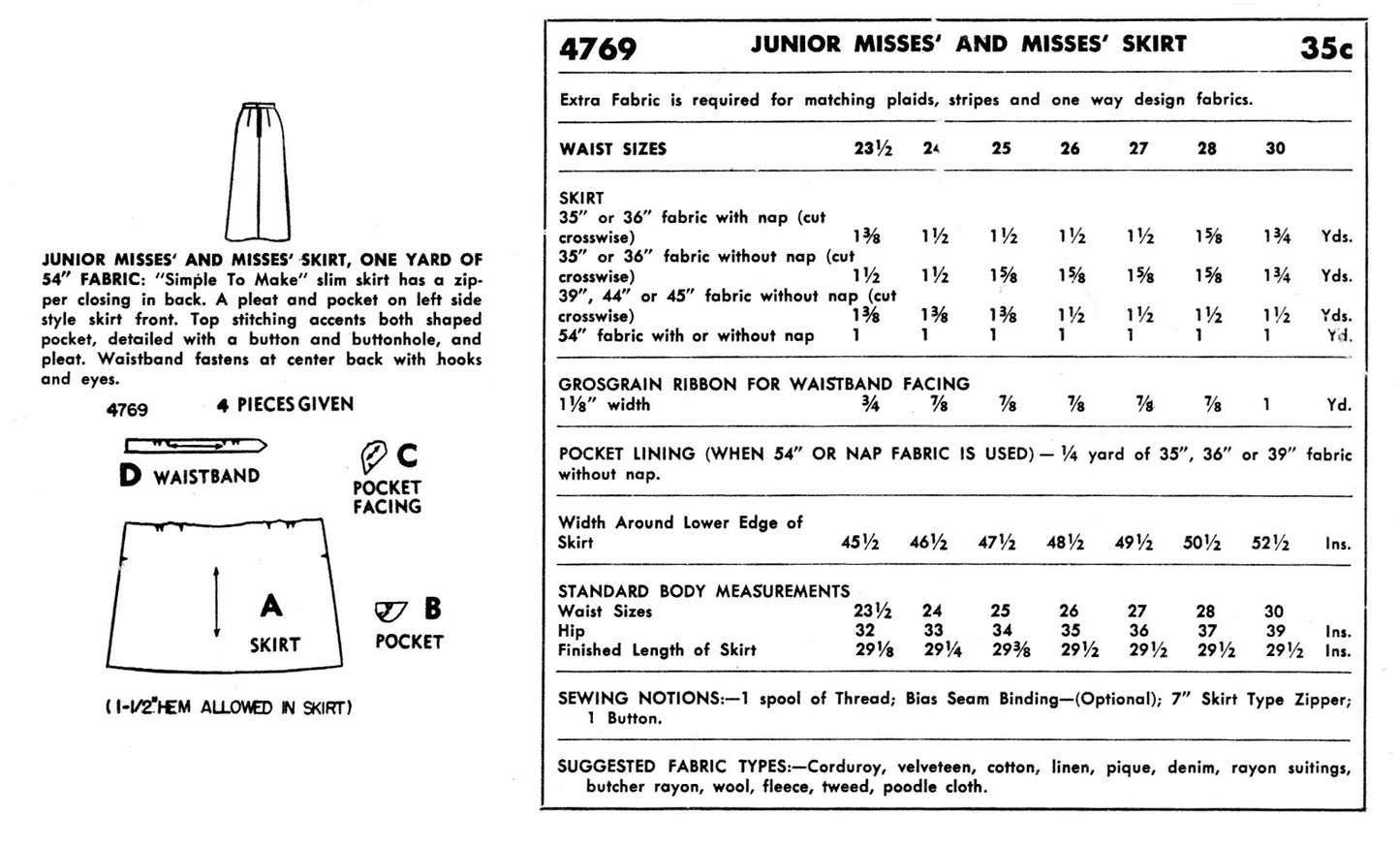 4769SP - Women's Skirt from 1950s Vintage Sewing Pattern *REPRODUCTION*