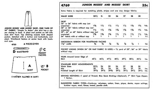 4769SP - Women's Skirt from 1950s Vintage Sewing Pattern *REPRODUCTION*