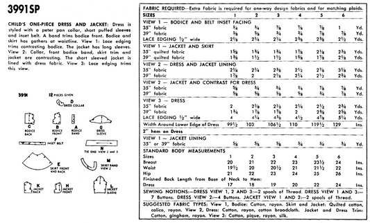 3991SP - Girls 1950s One-Piece Dress and Jacket - Toddler Child Kids - *REPRODUCTION* - Available sizes: 1, 2, 3, 4, 5, 6 - Sewing Pattern