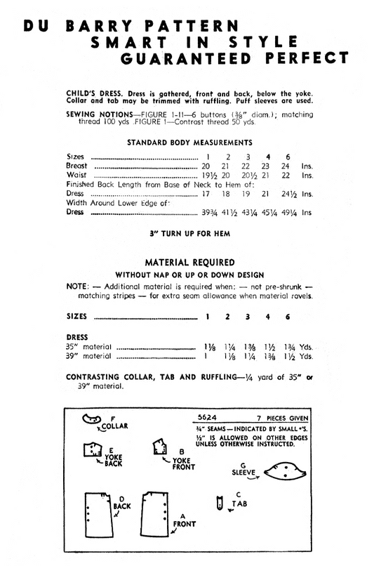 5624DB - Girls Summer Dress with puffy sleeves - Vintage Sewing Pattern - 1940s - Toddler Child Kids - *REPRODUCTION* - Available sizes: 1, 2, 3, 4, 5, 6
