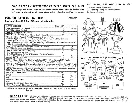 1809MC - 15” DOLL Pattern - Vintage Pattern 1950s *REPRODUCTION*