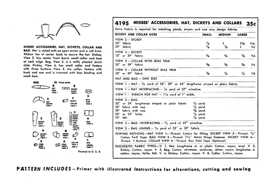 4195SP - Women's Accessories: Hat, Dickeys, Collar and Bag *REPRODUCTION* - Size S, M, L