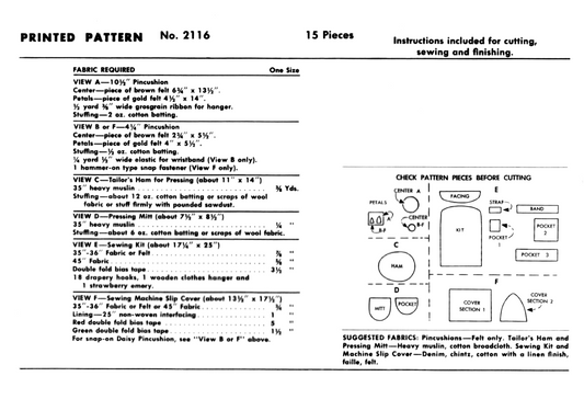 2116MC - Women's Accessories: Pincushion, Tailor's Ham, Pressing Mitt, Sewing Kit, Sewing Machine Slip Cover, Organizer *REPRODUCTION* - One Size