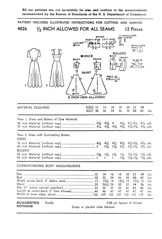 4826AP - Adult Summer Dress & Bolero Jacket Ensemble - Vintage Sewing Pattern - 1940s - *REPRODUCTION* - Available sizes: 12, 14, 16, 18, 20, 22, 24