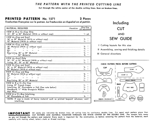 1571MC - Women's Accessories: Cap, Bag & Scarf *REPRODUCTION* - One Size