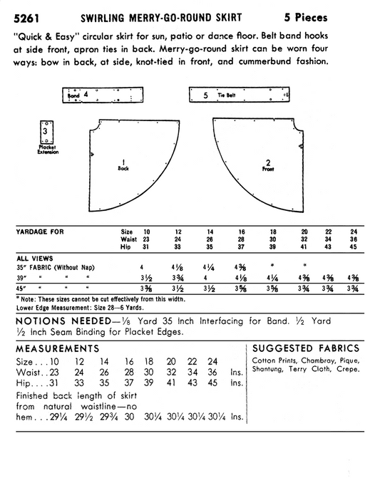 5261BP - Adult Wrap Circle Skirt - Vintage Sewing Pattern - 1950s - *REPRODUCTION* - Available sizes: 10, 12, 14, 16, 18, 20, 22, 24