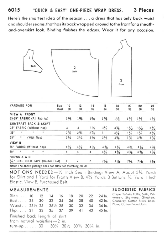 6015BP - Adult Wrap One-Piece Dress - Vintage Sewing Pattern - 1950s - *REPRODUCTION* - Available sizes: 10, 12, 14, 16, 18, 20, 22, 24