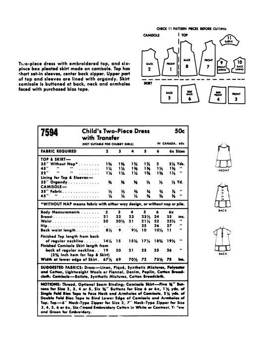 7594MC - Girl's two-piece dress with Daisy Embroidery - Toddler Child - *REPRODUCTION* - Available sizes: 2, 3, 4, 5, 6, 6X