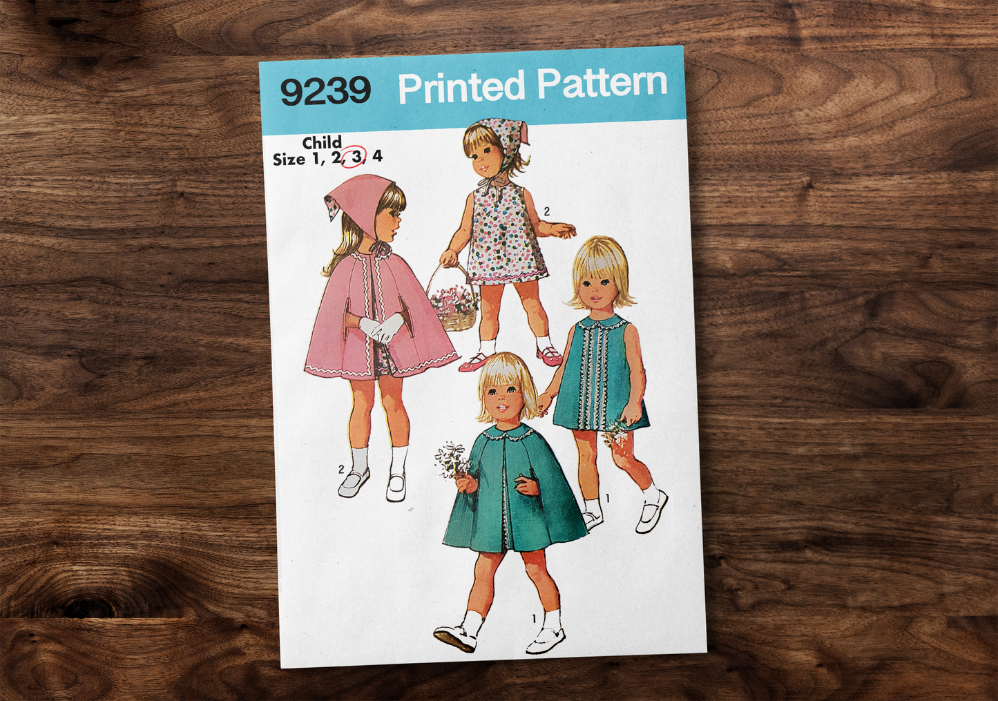 9239SP - Girls Summer Dress, Cape, & Scarf - Vintage Sewing Pattern - 1970s - Toddler Child Kids - *REPRODUCTION* - Available sizes: 1, 2, 3, 4