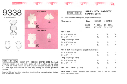 9338SP - Newborn Baby's One Piece Snap On Suit Dress or Top and Shorts Onsie Style - Vintage Pattern 1970s *REPRODUCTION*