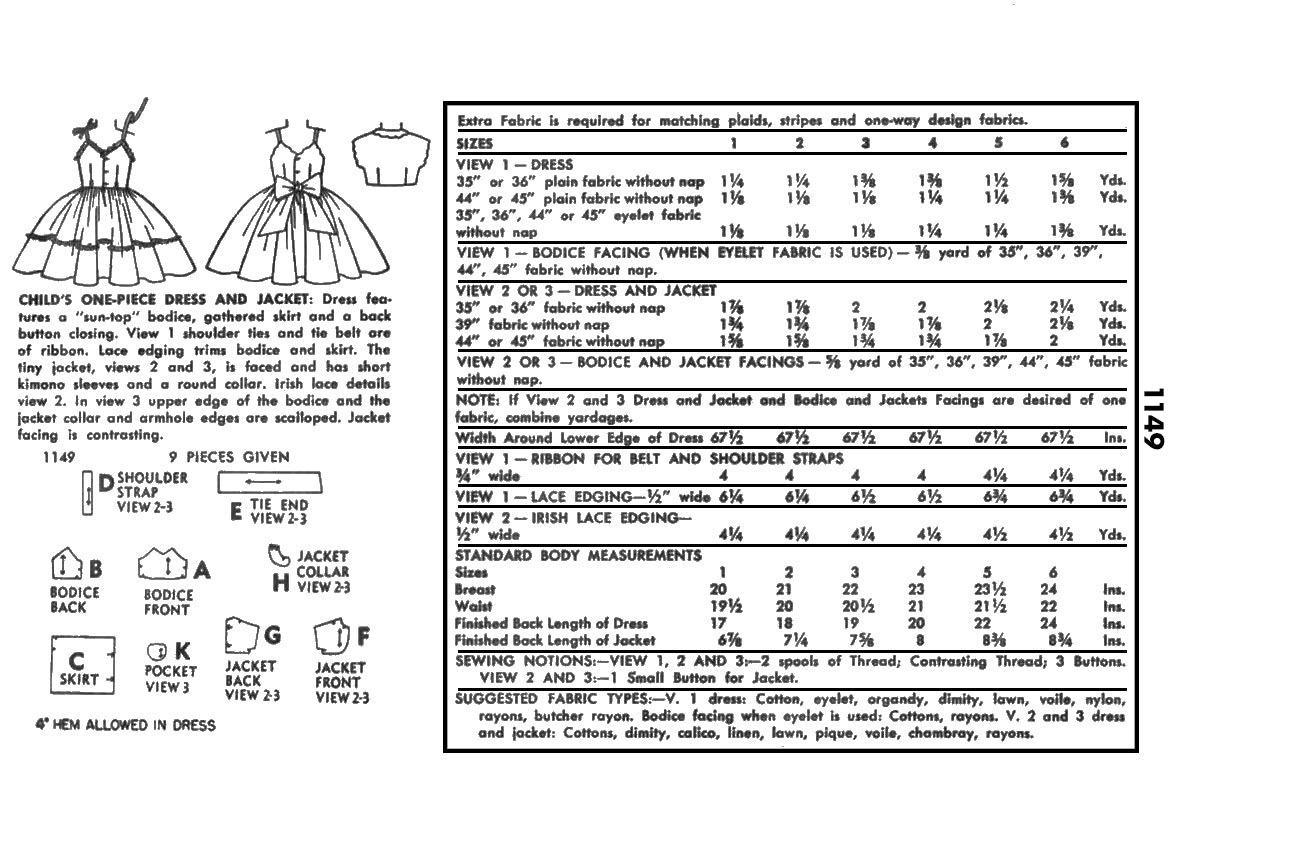 1149SP - Girls Summer Dress and Jacket - Vintage Sewing Pattern - 1950s - Toddler Child Kids - *REPRODUCTION* - Available sizes: 1, 2, 3, 4, 5, 6