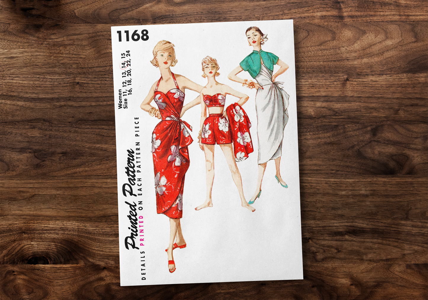 1168SP - Sarong Dress, Bra & Shorts - Vintage Sewing Pattern - 1950s - *REPRODUCTION* - Available sizes: 11, 12, 13, 14, 15, 16, 18, 20, 22, 24