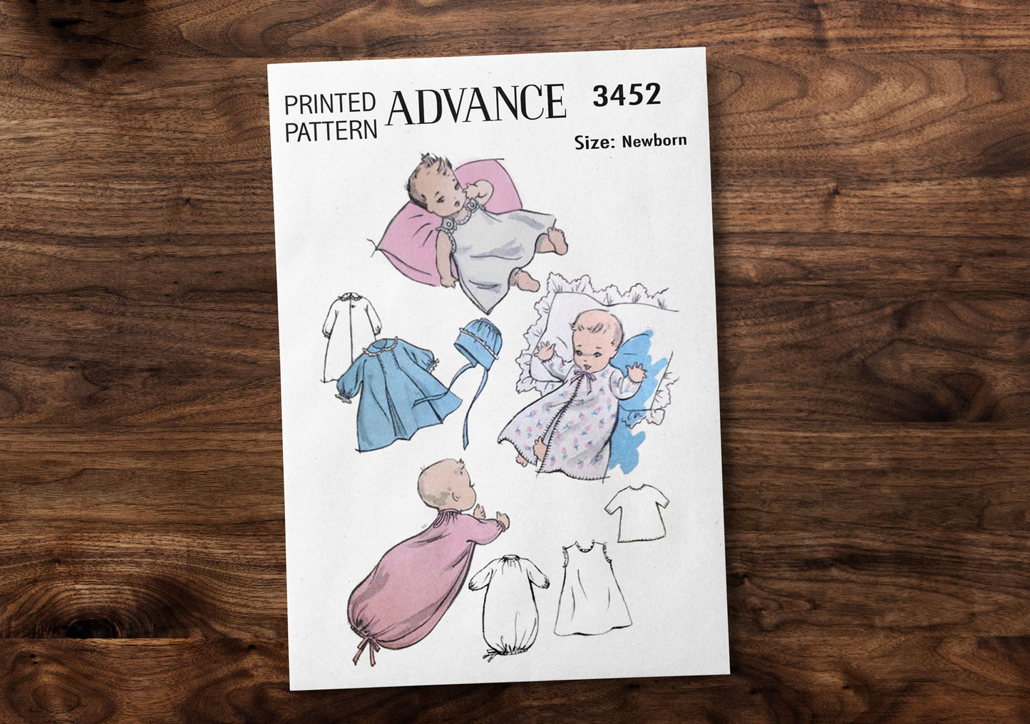 3452AP - Newborn Baby's Sleeper Gown, Dress, Top and Shorts Onsie Style - Vintage Pattern 1940s *REPRODUCTION*