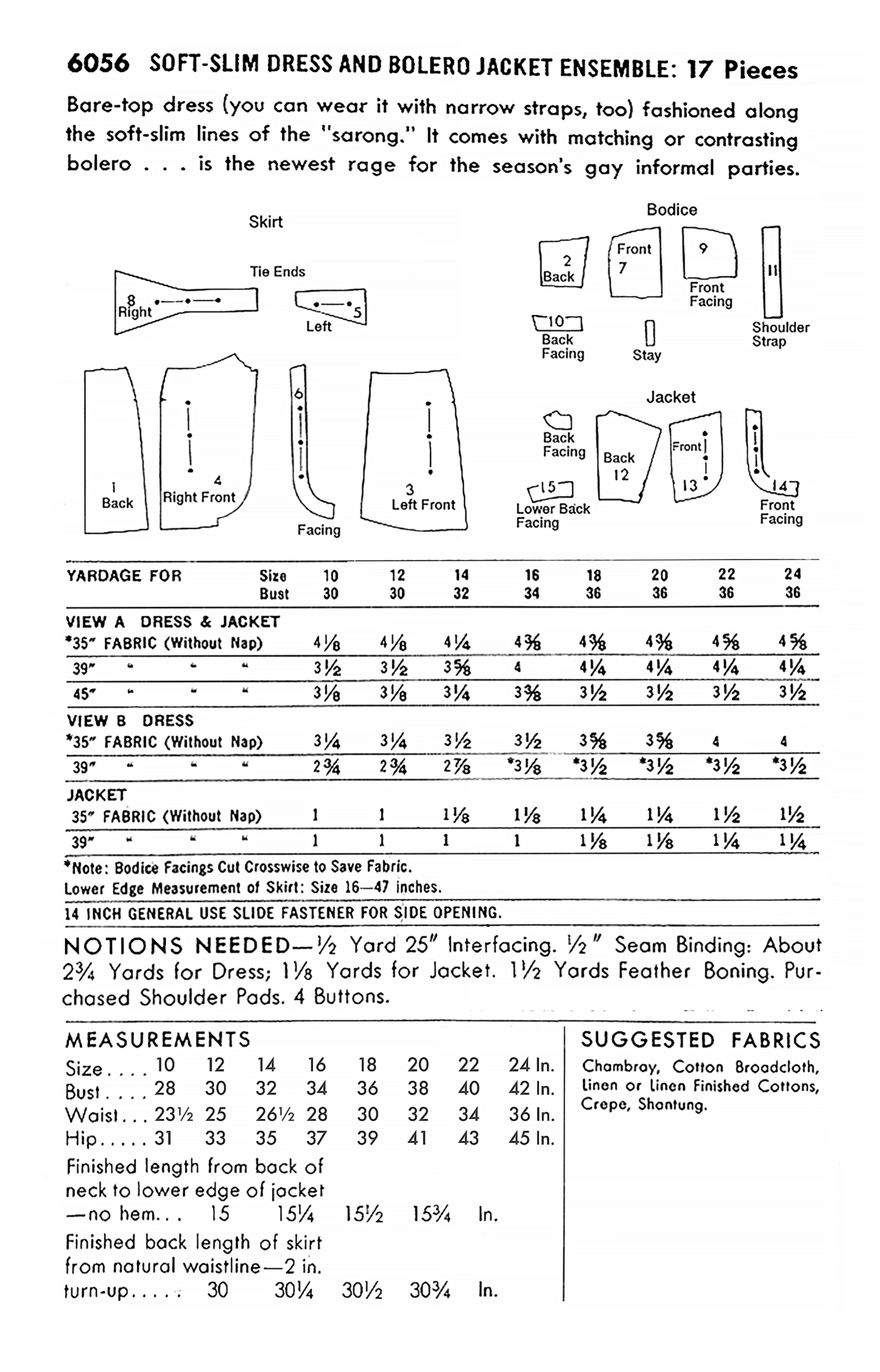 6056BP - Adult Slim Dress & Bolero Jacket Ensemble - Vintage Sewing Pattern - 1950s - *REPRODUCTION* - Available sizes: 10, 12, 14, 16, 18, 20, 22, 24