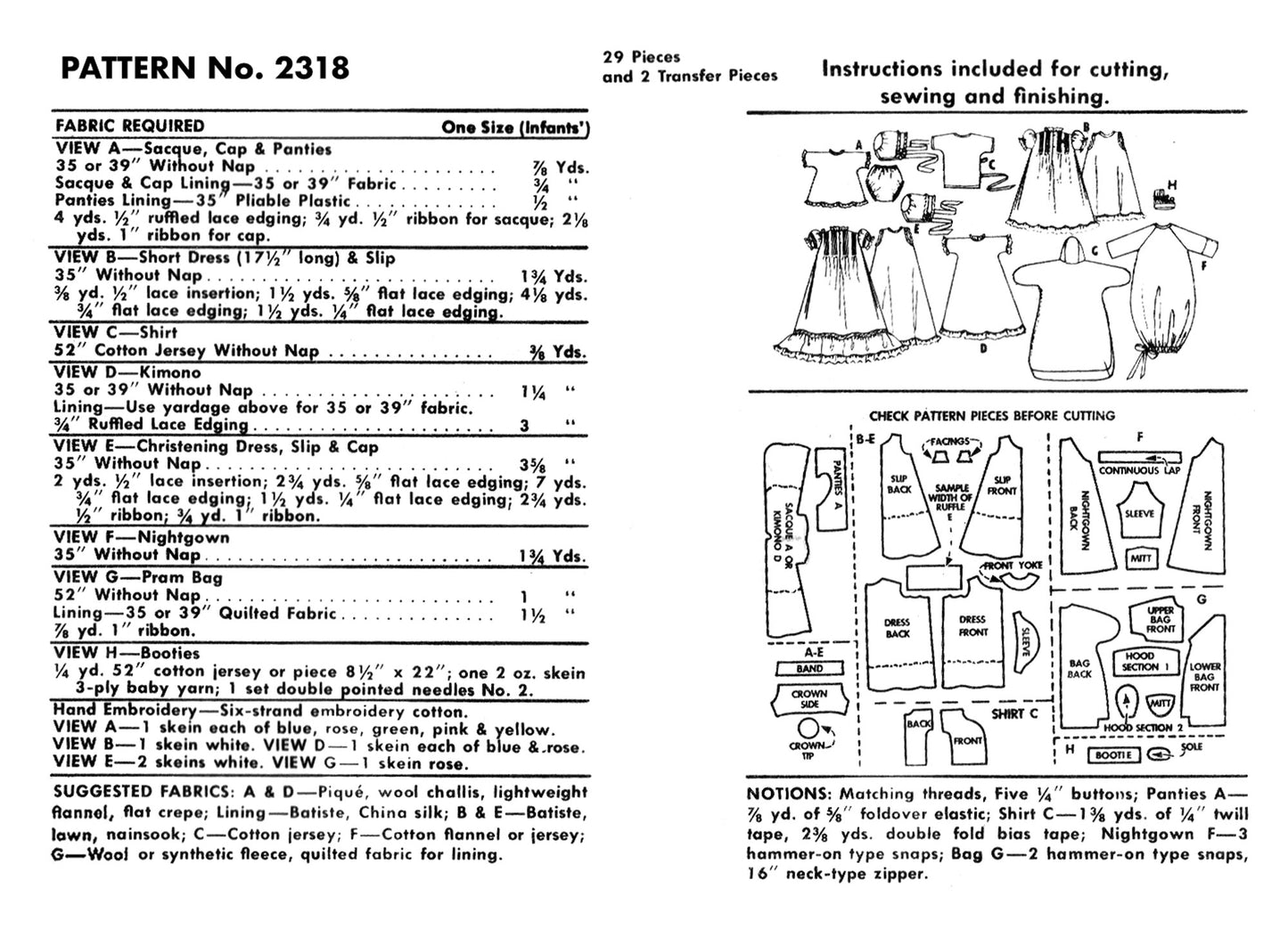 2318MC - Unisex Kimono, Sacque, Pajamas, Shirt, Christening Dress, Cap Booties - Vintage Sewing Patterns 1950s *REPRODUCTION*