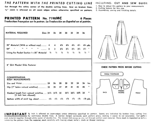 7198MC - Culotte Pants - Vintage Sewing Pattern - 1940s - *REPRODUCTION* - Available sizes: 24, 26, 28, 30, 32, 34, 36
