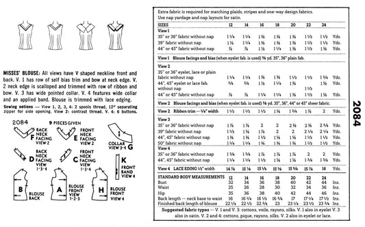 2084MC - Blouse Vintage Sewing Pattern with ribbon, lace trim - Vintage Pattern 1950s *REPRODUCTION*