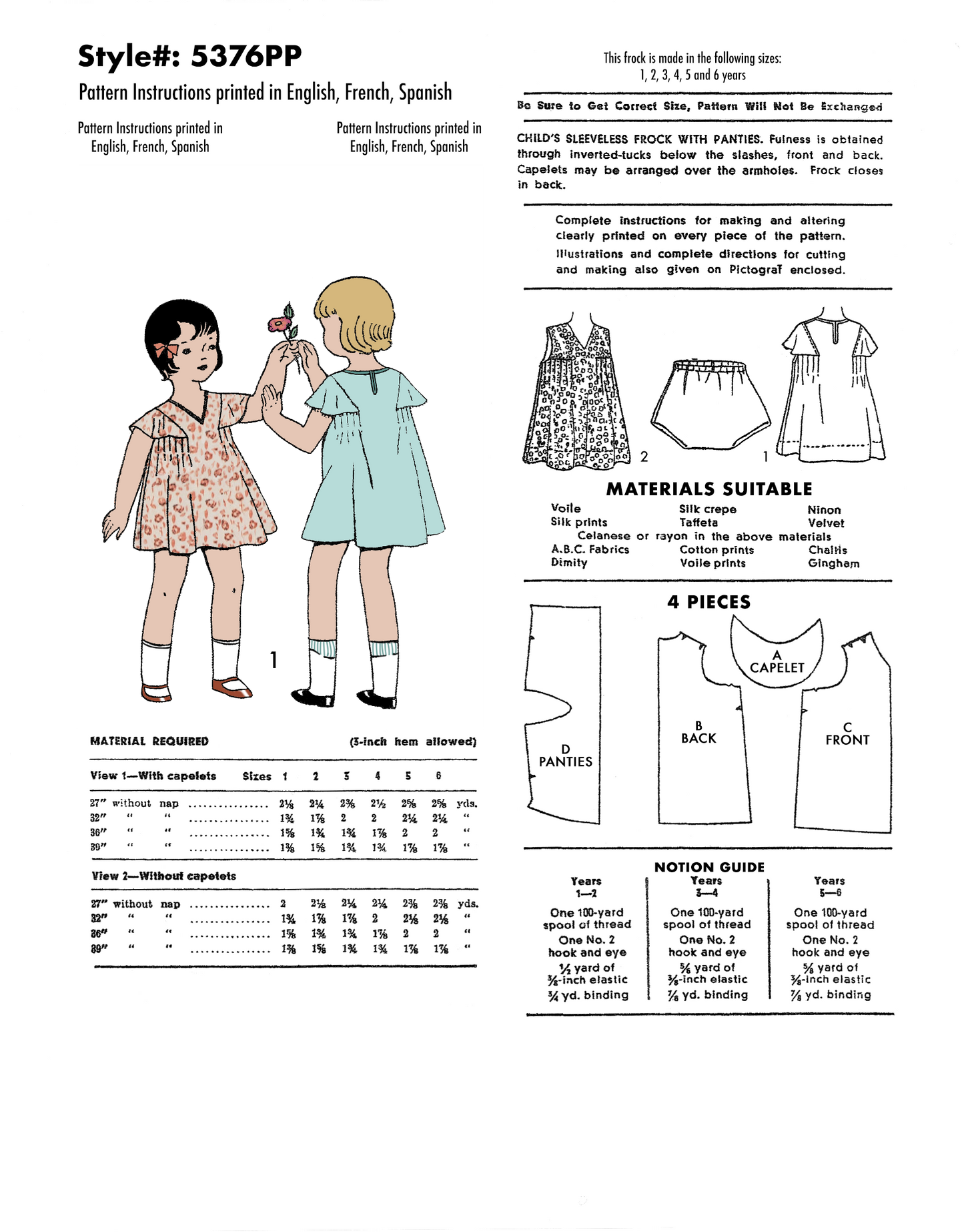 5376PP - Girls Summer Dress with Capelets and Panties - Vintage Sewing Pattern - 1920s - Toddler Child Kids - *REPRODUCTION* - Available sizes: 1, 2, 3, 4, 5, 6