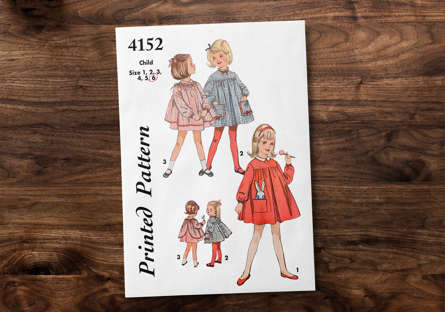 4152SP - Girls 1960s Art Smock Dress with Bunny Applique - Toddler Child Kids - *REPRODUCTION* - Available sizes: 1, 2, 3, 4, 5, 6 - Sewing Pattern